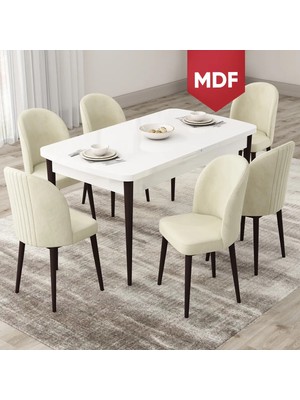 Canisa Concept Roe Serisi Mdf Açılabilir 80X132 Beyaz Masa Ceviz Ayak Mutfak Masası Takımı ve 6 Sandalye