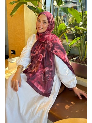 Lamelif Gül Çiçek Desen Lara Soft Şal Bordo