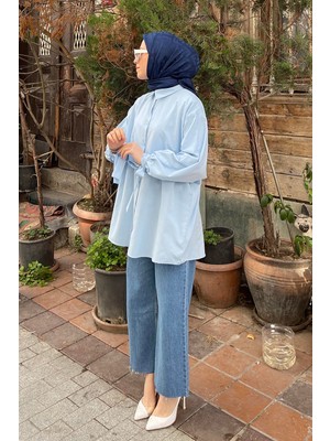Lamelif Kol Detaylı Gömlek Oversize Gömlek Bebe Mavisi