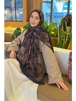 Lamelif Siyah Kahverengi Batik Çiçek Desen Bambu Şal 70 x 180 cm Kadın Kullanımı için Rahat ve Şık