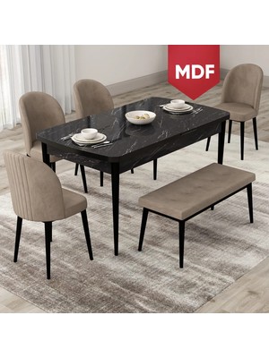Canisa Concept Roe Serisi MDF Açılabilir 80X132 Siyah Mermer Desen Mutfak Masası Takımı 4 Sandalye 1 Bench