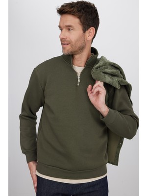 Tudors Unisex Relax Fit Rahat Kesim Pamuklu İçi Polarlı Yarım Fermuarlı Haki Dik Yaka Sweatshirt