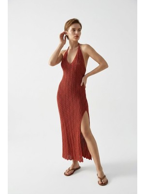 Neden Tekstil Beachwear Boyundan Bağlamalı Ajurlu Triko Plaj Elbisesi