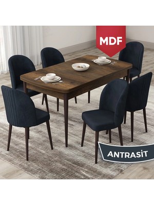 Canisa Concept Roe Serisi MDF Açılabilir 80X132 Barok Ahşap Desen Mutfak Masası Takımı ve 6 Sandalye