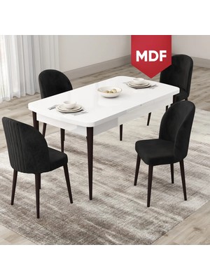 Canisa Concept Roe Serisi MDF Açılabilir 80X132 Beyaz Masa Ceviz Ayak Mutfak Masası Takımı ve 4 Sandalye
