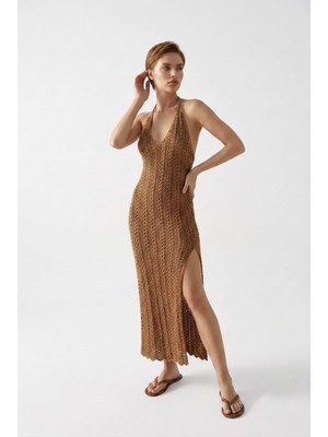 Neden Tekstil Beachwear Boyundan Bağlamalı Ajurlu Triko Plaj Elbisesi