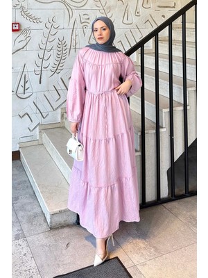 Lamelif Kat Detaylı Bağlamalı Elbise Pembe