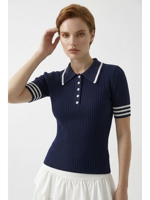 Neden Tekstil Kadın Polo Yaka Düğmeli Kısa Kollu Triko Bluz