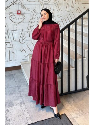 Lamelif Kat Detaylı Bağlamalı Elbise Bordo