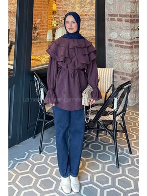 Lamelif Volan Detaylı Kol Büzgülü Gömlek Mürdüm