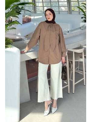 Lamelif Fular Detaylı Gömlek Pamuk-Polyester Soft Kahve Uzun Kol Düz Desenli Kadın Oversize