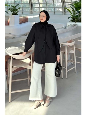 Lamelif Fular Detaylı Gömlek Siyah