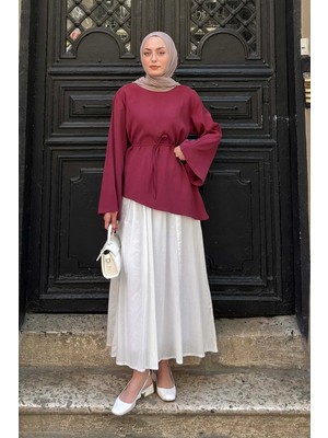 Lamelif Bağlama Detaylı Asimetrik Kesim Gömlek Bordo