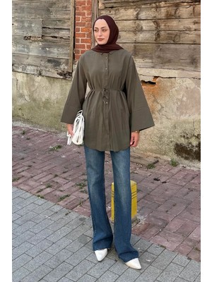 Lamelif Cupra Belden Ipli Tesettür Gömlek Haki