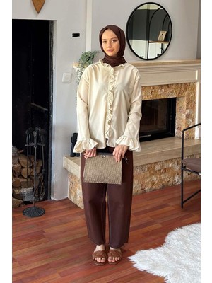 Lamelif Fırfırlı Gömlek Bej