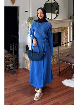 Lamelif Eteği Bağlama Detaylı Takım Saks Mavisi