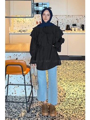 Lamelif Volan Detaylı Kol Büzgülü Gömlek Siyah