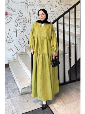 Lamelif Çizgi Detaylı Elbise Yağ Yeşili