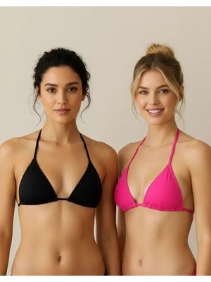 Çamaşır Kenti Siyah ve Fuşya Detaylı Üçgen Bikini Üstü Bağlamalı Kadın Mayo Üstü 2'li