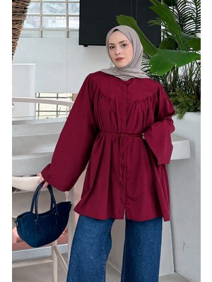Lamelif Bağlama Detaylı Tesettür Gömlek Bordo