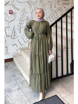 Lamelif Kat Detaylı Bağlamalı Elbise Haki
