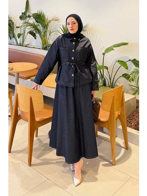 Lamelif Bağlamalı Denim Takım Koyu Mavi