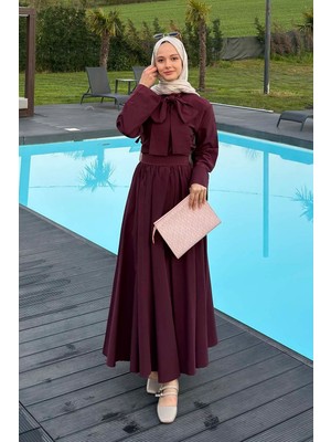 Lamelif Kravat Yaka Tesettür Takım Mürdüm