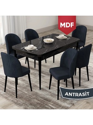 Canisa Concept Roe Serisi MDF Açılabilir 80X132 Siyah Mermer Desen Mutfak Masası Takımı ve 6 Sandalye