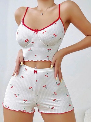 Çamaşır Kenti Kadın Vişne Desenli Dantel Askılı Şortlu Pijama Takımı 5193