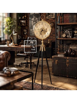 İki Yedi Konsept Schubert 773 Tripod Ayaklı Dekoratif Yer Saat Gold Metal Salon Ofis 153 cm Döner Çarklı Saat Hediye