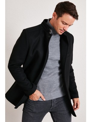 Buratti Slim Fit Pamuklu Kaşe Kaban Erkek Midi Boy Uzun Kol Düz Desenli 5841012