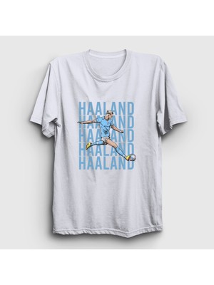 Presmono Unisex Beyaz Pop Art Erling Haaland Futbol T-Shirt