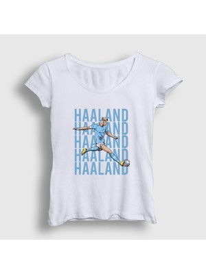 Presmono Kadın Beyaz Pop Art Erling Haaland Futbol T-Shirt