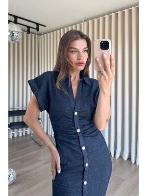 Sue Store Lacivert Beli Drapeli Kısa Kollu Denim Gömlek Elbise
