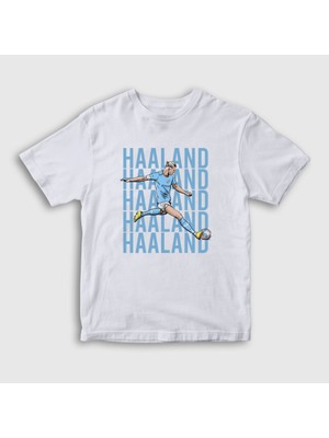 Presmono Unisex Çocuk Beyaz Pop Art Erling Haaland Futbol T-Shirt