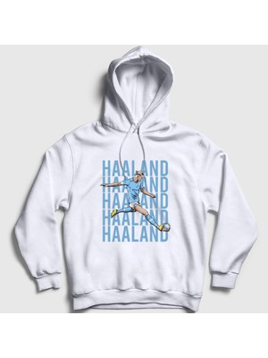 Presmono Unisex Beyaz Pop Art Erling Haaland Futbol Kapüşonlu Sweatshirt