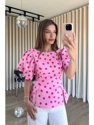 Sue Store Pembe Puantiye Desenli Balon Kol Bluz