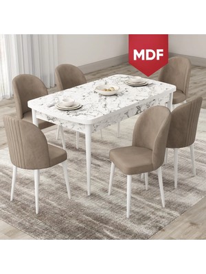 Canisa Concept Roe Serisi MDF Açılabilir 80X132 Beyaz Mermer Desen Mutfak Masası Takımı ve 6 Sandalye