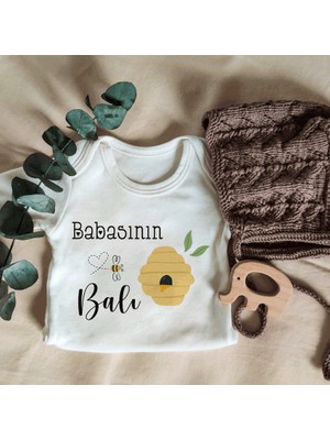 Limon Unisex Babasının Balı Yazılı Kısa Kol Organik Bebek Body Zıbın