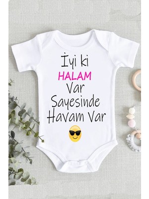 Limon Pamuklu Organik Baskılı Kolsuz Zıbın Body İyi Ki Halam Var Desenli Beyaz Bebek Kıyafeti