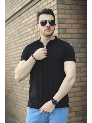 Oksit Roderick Erkek Yarım Fermuarlı Petek Kumaş Tshirt Hakim Yaka Kısa Kollu Siyah