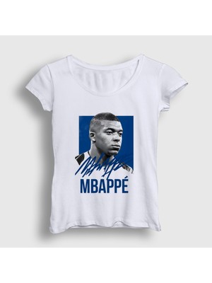 Presmono Kadın Beyaz Signature Kylian Mbappe Futbol T-Shirt