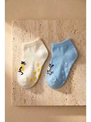 Katia & Bony Bebek Kedi Desenli 2'li Step Çorap Ekru-Mavi