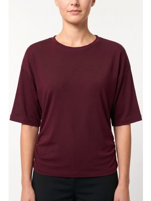 Hadiora Kadın Bordo Yandan Büzgülü Yarasa Kol Pamuklu T-Shirt