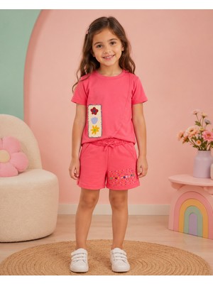 KR Kids Kız Çocuk Pembe Kısa Kollu Tişört ve Şort Takımı Çiçek Detaylı Yazlık Günlük Takım