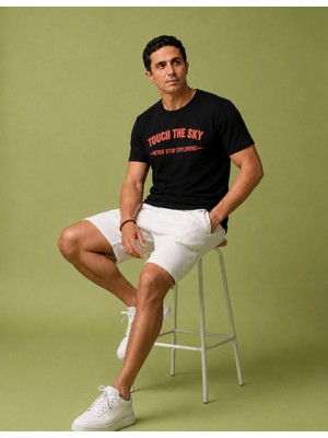 Organickid Basic Erkek Bisiklet Yaka Nakışlı Siyah T-Shirt