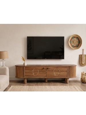 Berrasse Mobilya Bohem Koyu Ceviz Tv Ünitesi Modern Çizgili Kapaklı Ahşap Televizyon Ünitesi 180 cm