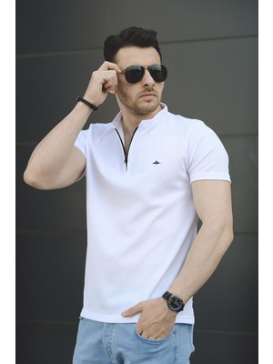 Oksit Erkek Yarım Fermuarlı Beyaz Hakim Yaka Petek Kumaş Tshirt Kısa Kollu Düz Renk