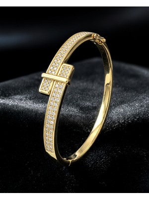 Lyra Link Baget Taşlı Gold Tasarım Vip Kelepçe Bilezik