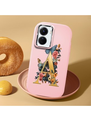 HONTINGA Vivo Y02S ile Uyumlu Kılıf Kamera Korumalı Düşüme Önleyici Kamera Koruyucu Pembe Yumuşak Silikon Couple Telefon Kılıfı A Harfi Desenli K4-0446
